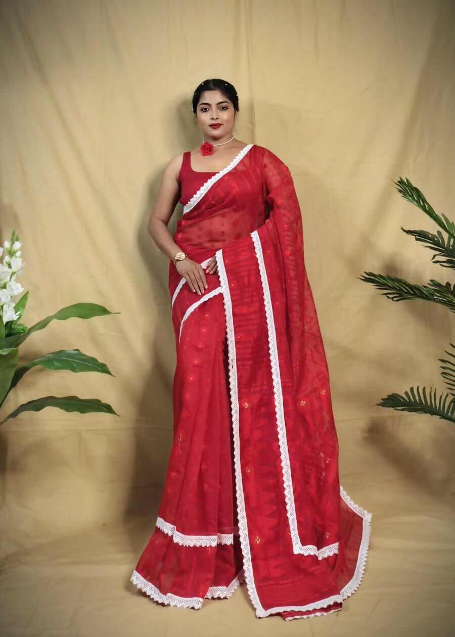 Exclusive Collection Beautiful Red Jaal Jamdani Saree - Swadesiicart