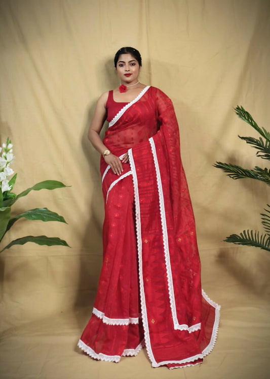Exclusive Collection Beautiful Red Jaal Jamdani Saree - Swadesiicart