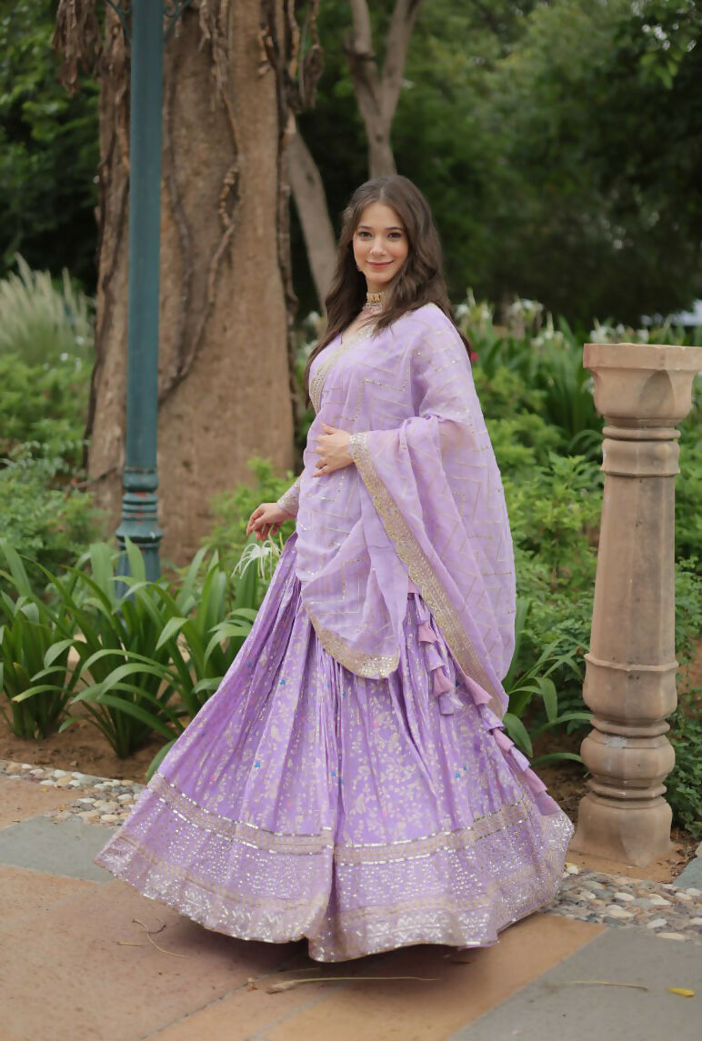 Lorenvalley Lavender Pure Viscose Jacquard with Golden Embroidered Sequins work Lehenga Choli | Swadesiicart
