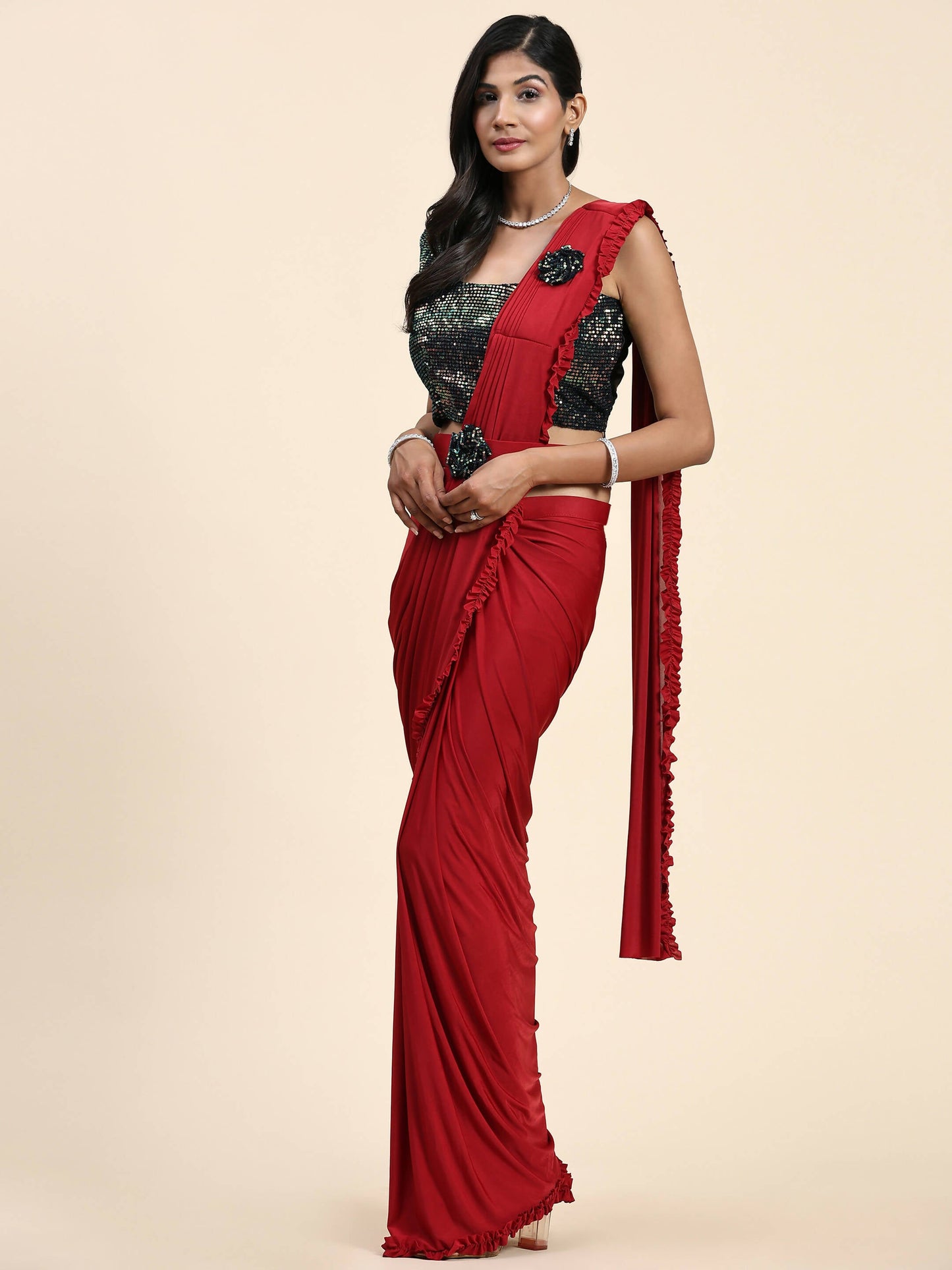 Red Imported Fabric Plain Ready to wear Saree with stitched Blouse - Vrinda | Swadesiicart