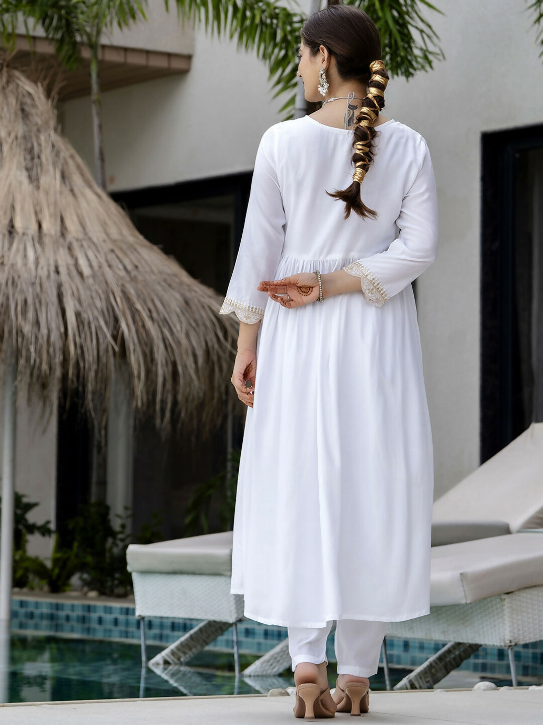 The52 White Women's Gorgeous Embroidered Chanderi Fabric Straight Kurta, Pant and Dupatta Set - Swadesiicart
