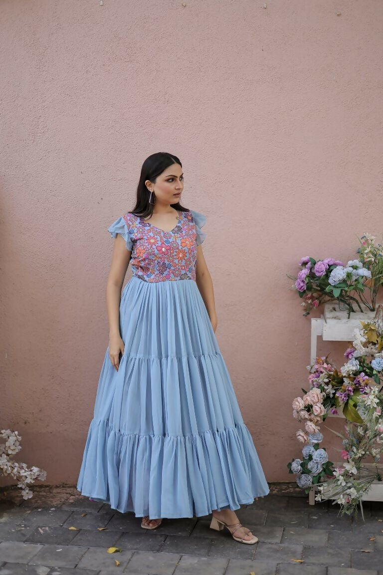 Jyoti Fashion Women's Grey Printed with Sequins Faux Georgette Anarkali Dress | Swadesiicart