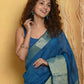 Very Much Indian Handloom Pure Cotton Linen Saree With Golden Border - Serene Blue | Swadesiicart