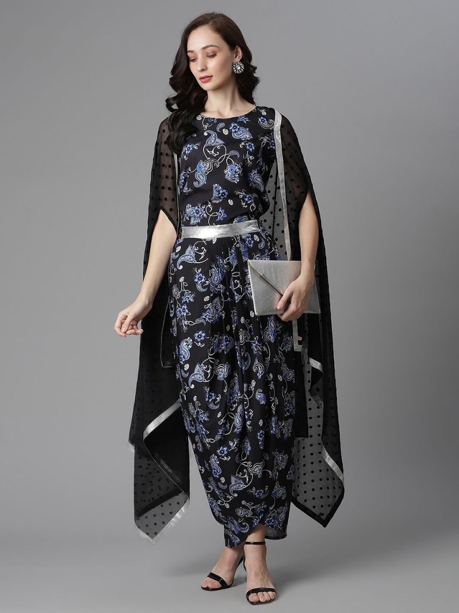 Ahalyaa Women's Black Crepe Digital Print Top Skirt With Shrug | Swadesiicart