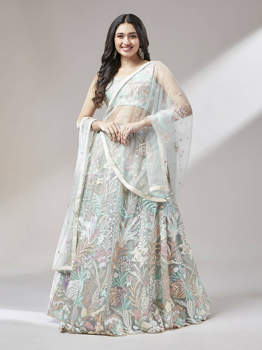 House of Panchhi Lime Green Net Sequinse Work Lehenga & Blouse with Dupatta | Swadesiicart