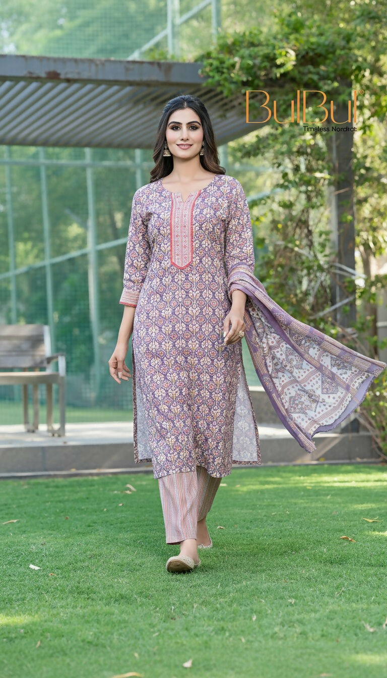 BulBul Fashionista Cotton Purple Kurta Set with Dupatta - Swadesiicart