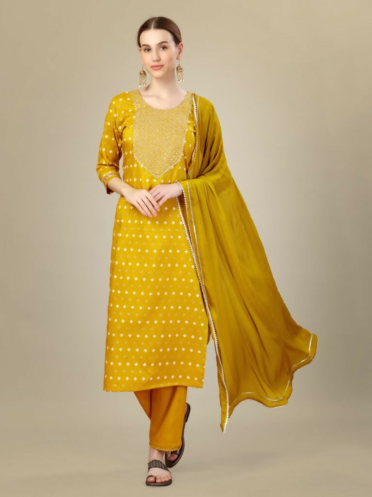 Jyoti Fashion Women's Golden Silk Blend Embroidery & Sequence work Kurta with Trouser & Dupatta | Swadesiicart