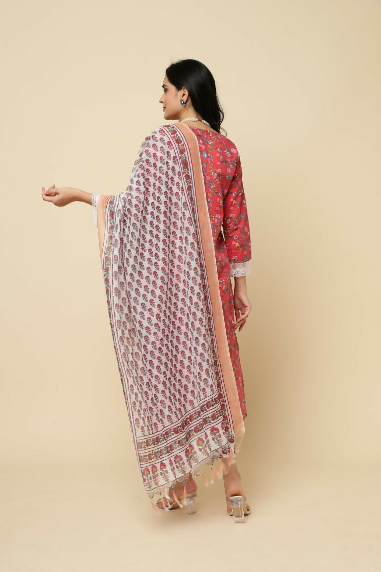 Designer Stylish Red Cotton Blend Stitched Suit With Dupatta - Tanisha | Swadesiicart
