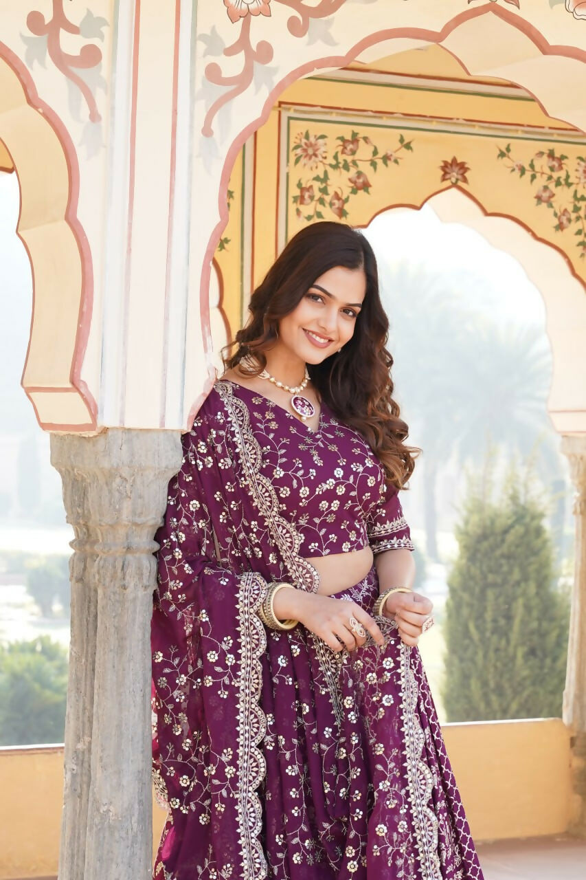 Lorenvalley Purple Pure Viscose Jacquard With Embroidered Sequins work Lehenga Choli | Swadesiicart