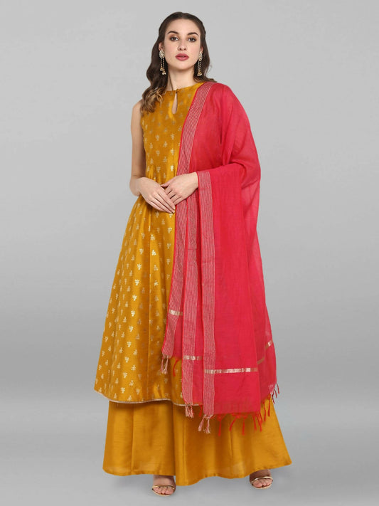 Janasya Women's Mustard Rayon Foil Print Kurti With Palazzo | Swadesiicart