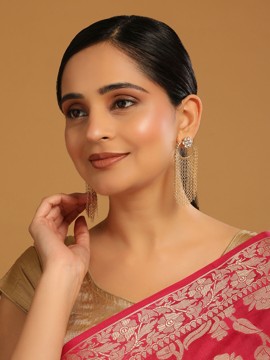 Nuyug 22K Gold Plated Crystal Studded Floral Stud Contemporary Dangler Earrings | Swadesiicart