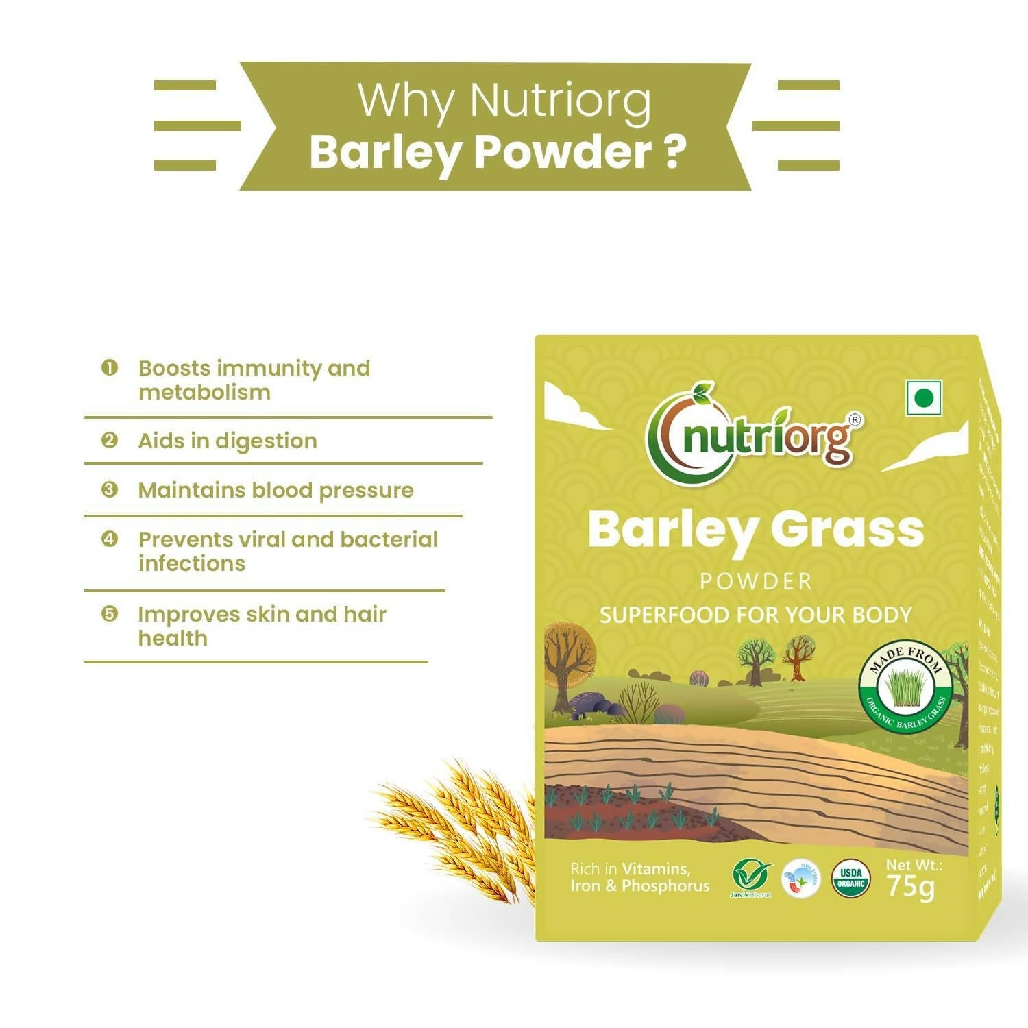 Nutriorg Certified Organic Barley Grass Powder - Swadesiicart