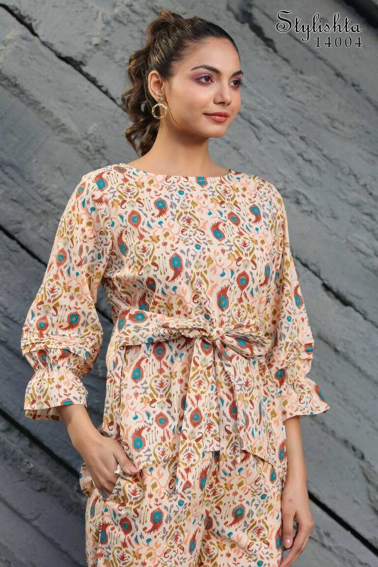 Women's Partywear Designer Cream & Multi Muslin co-ord set - Stylishta - Swadesiicart