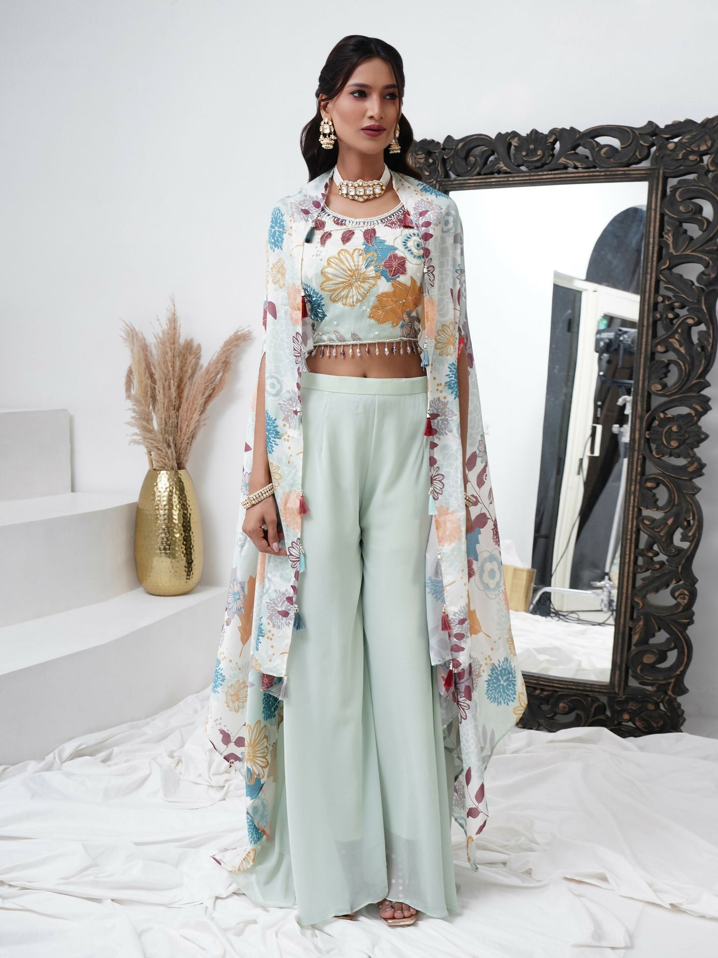 Sea Green Digital Chinon Handwork Top with Palazzo & Shrug - Naomika - Swadesiicart