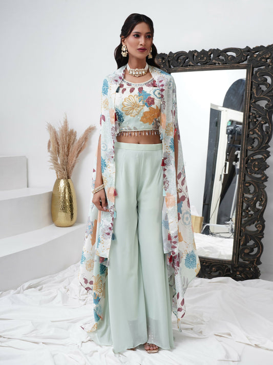 Sea Green Digital Chinon Handwork Top with Palazzo & Shrug - Naomika - Swadesiicart