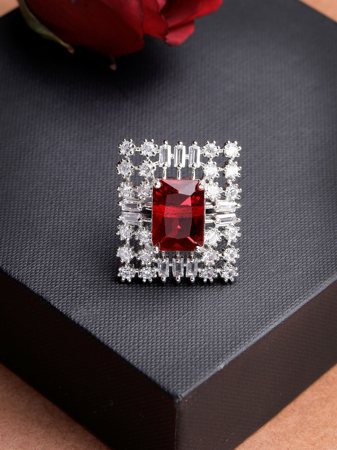 NVR Women's Red & Silver CZ-Studded Square-Shaped Adjustable Finger Ring | Swadesiicart