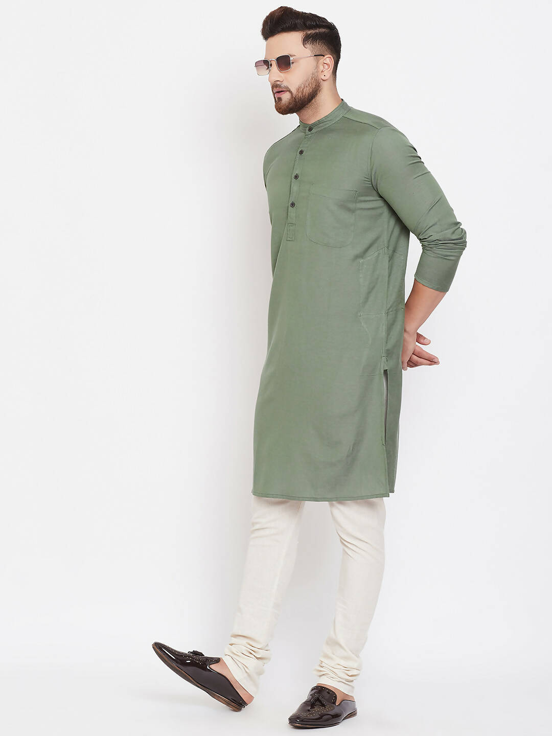 Even Apparels Green Color Linen Linen Men's Kurta With Band Collar | Swadesiicart