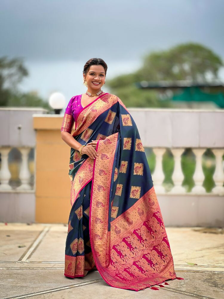 PR Fashion Morpich Soft Banarasi Silk With Zari Weaving Meenakari Design Saree | Swadesiicart
