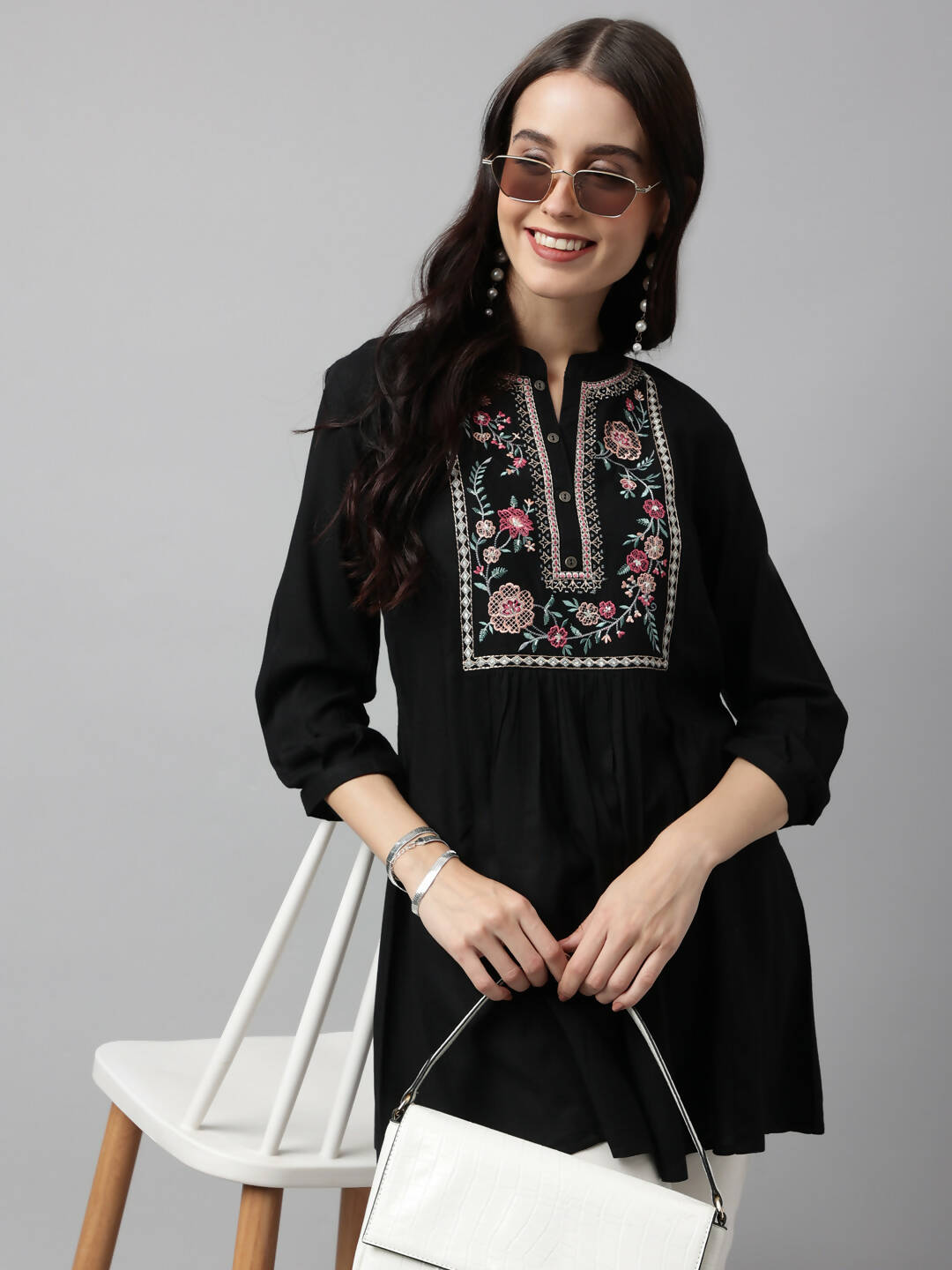 Black Rayon Yoke Embroidered A-line Top - Tarini - Swadesiicart