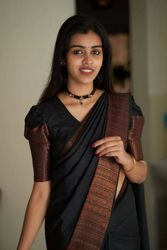 DEIANA'S Beautiful Designer Golden zari Soft Lichi Silk Saree - Black - Swadesiicart