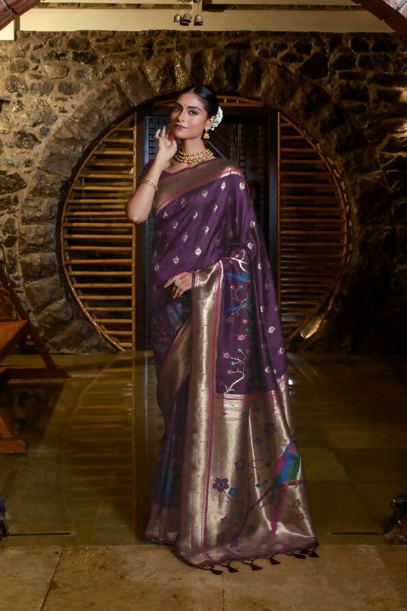Vishnu Weaves Women's Wine Paithani Silk Zari Woven Saree with Unstitched Blouse - Swadesiicart