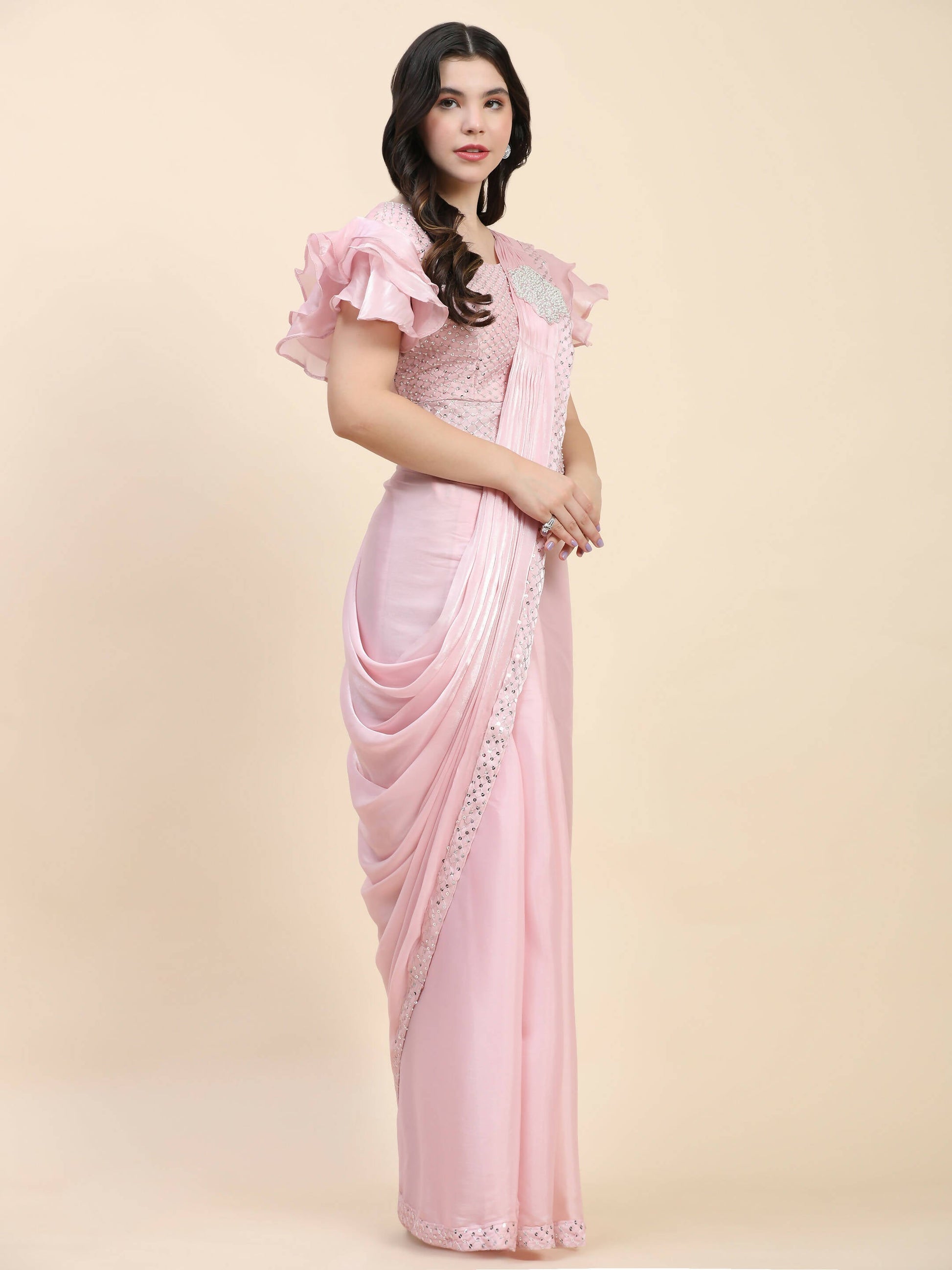 Pink Silk Satin Sequence Work Ready to Wear Saree with stitched Blouse - Nirvana | Swadesiicart