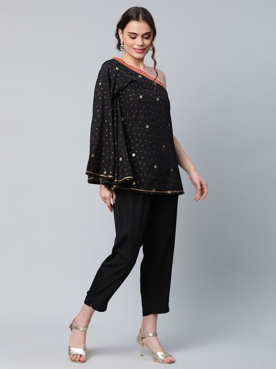 Ahalyaa Women Black Crepe Printed Top with Trouser Set | Swadesiicart