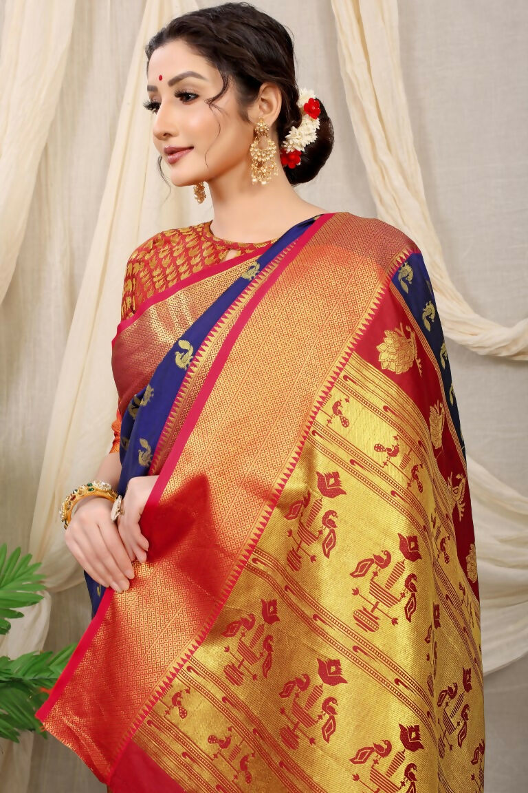 Jyoti Fashion Women's Navy Blue Banarasi Silk Zari Woven Saree with Blouse | Swadesiicart