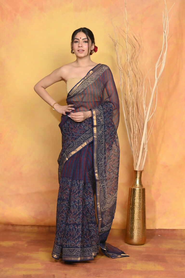 Very Much Indian Pure Kota Cotton Handblock Printed Saree - Dark Blue | Swadesiicart