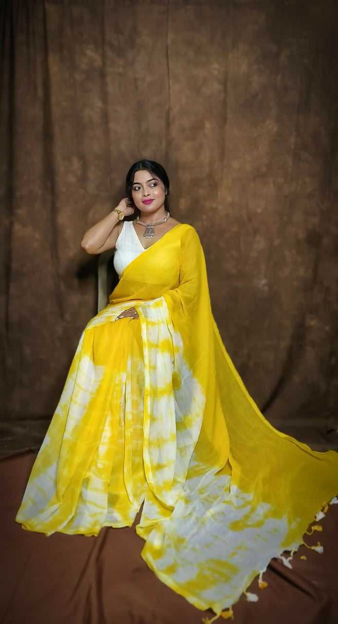 Exclusive Collection Yellow White Beautiful Super Soft Most Comfortable Pure Mul Cotton Saree - Swadesiicart