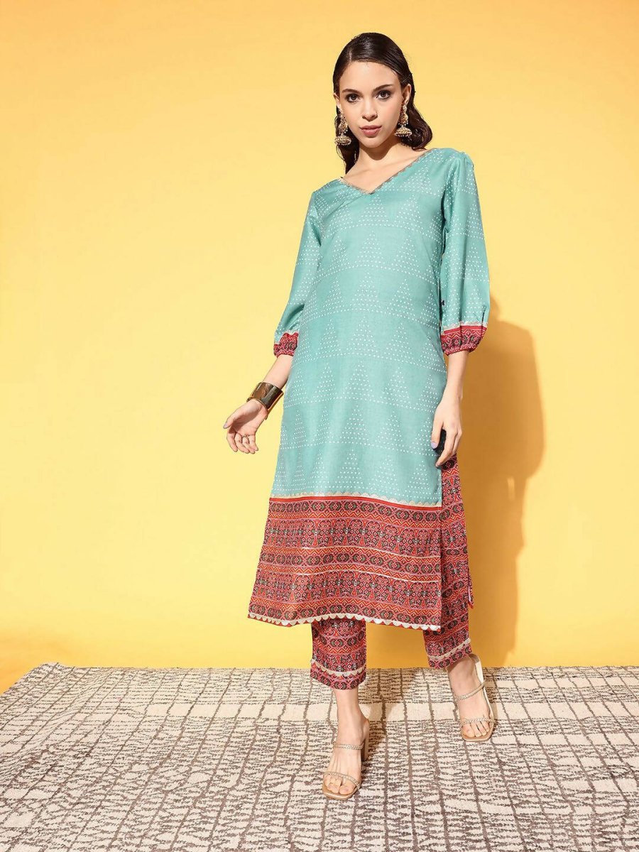 Ahalyaa Women's Teal Cotton Blend Digital Printed Kurta Pant Set | Swadesiicart