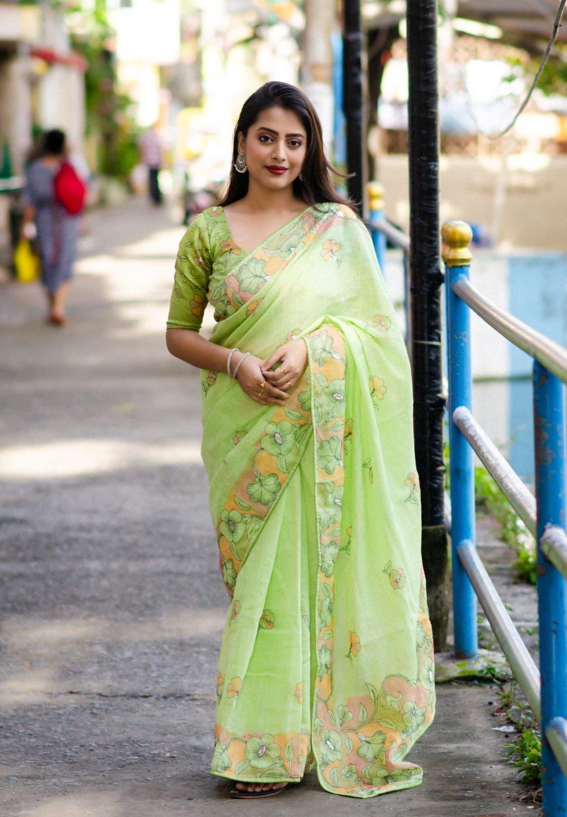 Green Pure Linen Ethnic Motifs Saree with Unstitched Blouse - Hiral Fashion | Swadesiicart