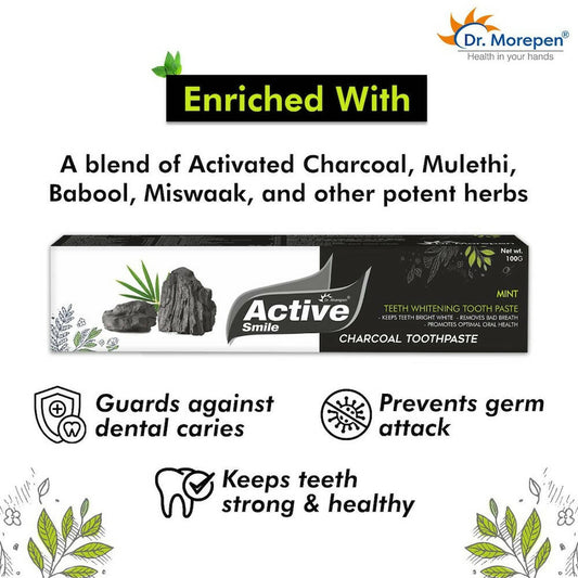 Dr. Morepen Active Smile Charcoal Toothpaste for Teeth Whitening & Bad Breath Removal - Swadesiicart