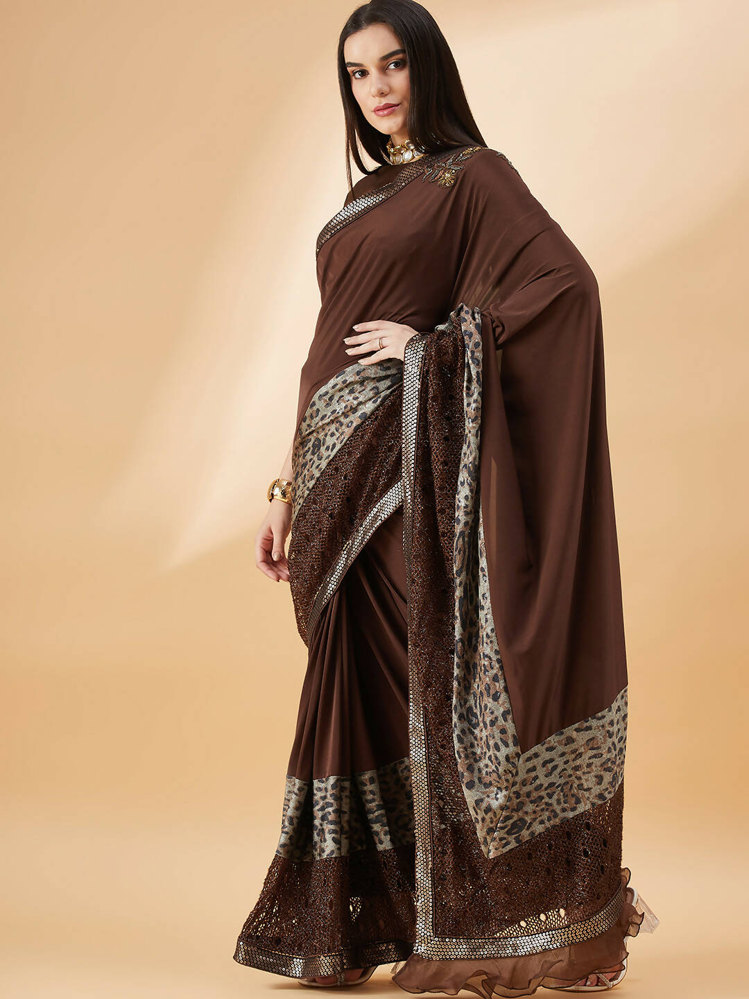 Brown Lycra Animal Print, Fancy Value Addition Fabric Saree - Norita Hit Design - Swadesiicart