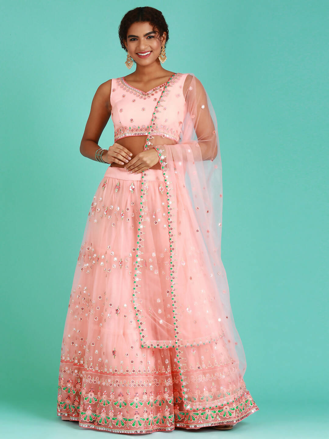 House of Panchhi Peach Net Sequinse Work Lehenga & Blouse, Dupatta | Swadesiicart