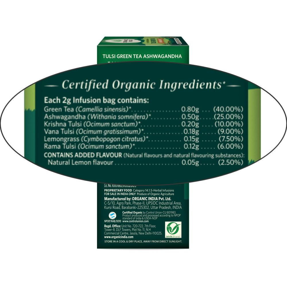 Organic India Tulsi Green Tea Ashwagandha - Herbal Sleep Tea, Caffine Free - Swadesiicart