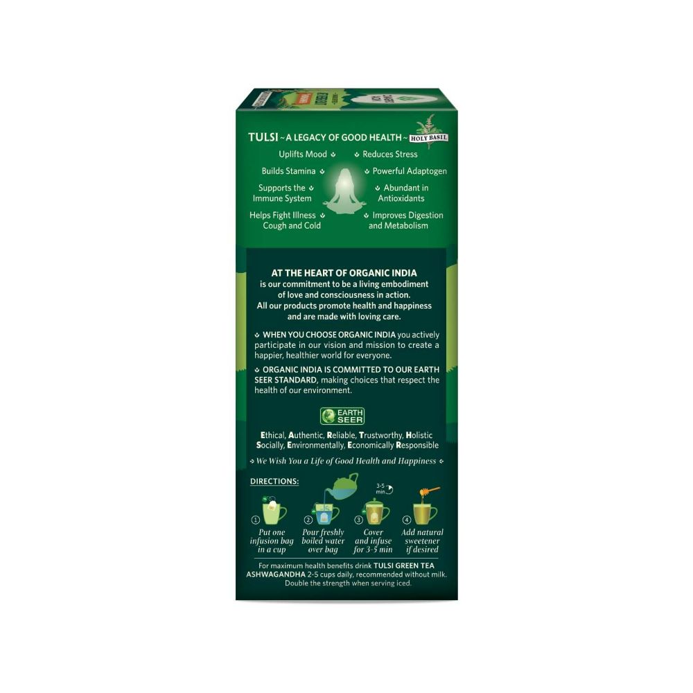 Organic India Tulsi Green Tea Ashwagandha - Herbal Sleep Tea, Caffine Free - Swadesiicart