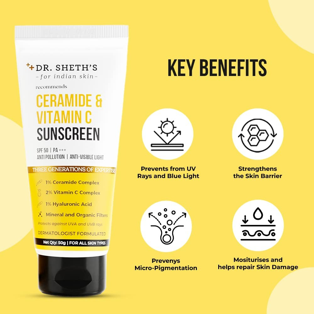 Dr. Sheth's Ceramide & Vitamin C Sunscreen SPF 50+ PA+++ UVA UVB Sun Protection, For All Skin Types - Swadesiicart