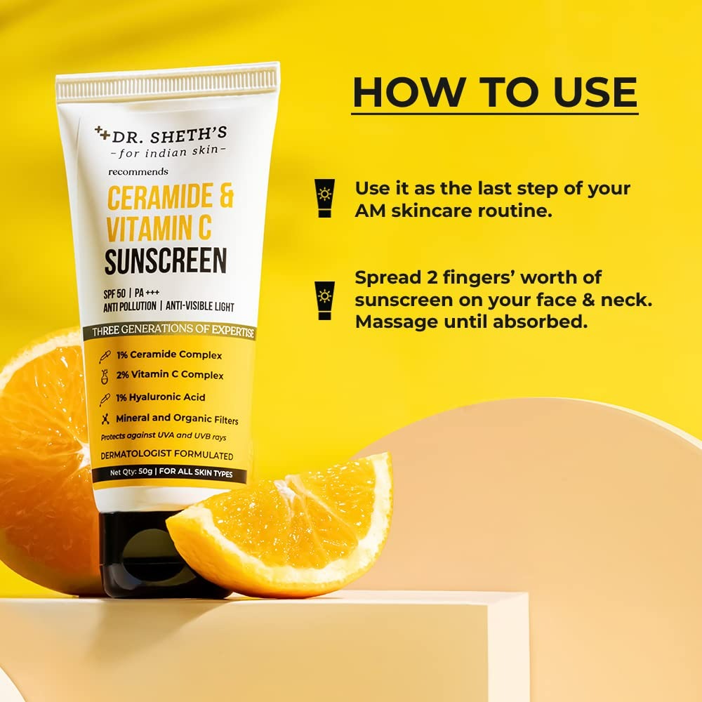 Dr. Sheth's Ceramide & Vitamin C Sunscreen SPF 50+ PA+++ UVA UVB Sun Protection, For All Skin Types - Swadesiicart