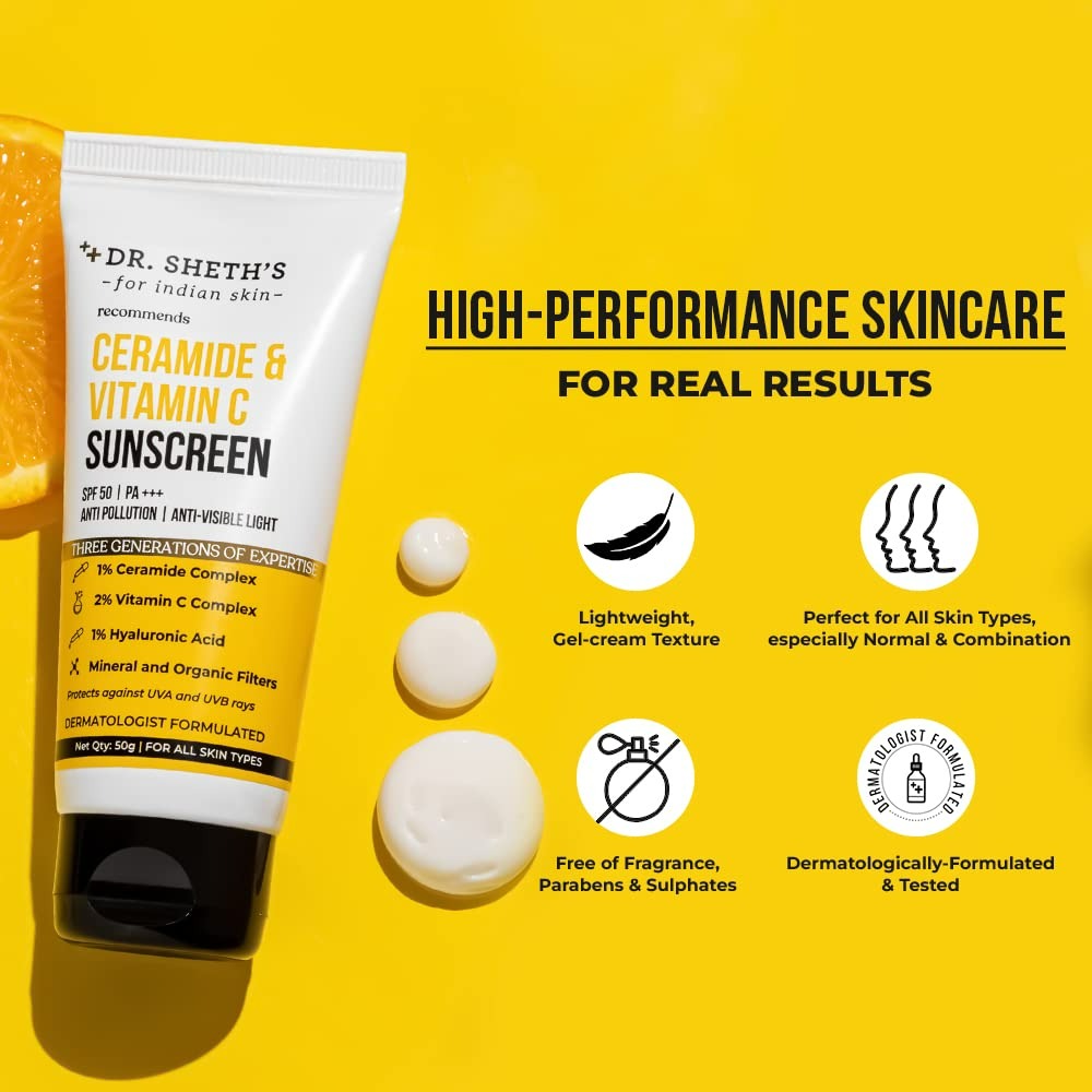 Dr. Sheth's Ceramide & Vitamin C Sunscreen SPF 50+ PA+++ UVA UVB Sun Protection, For All Skin Types - Swadesiicart