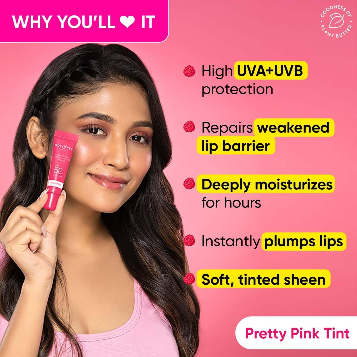 Dot & Key Barrier Repair Ceramide & Peptide SPF 50 Lip Balm - Plush Pink, UVA+UVB - Swadesiicart