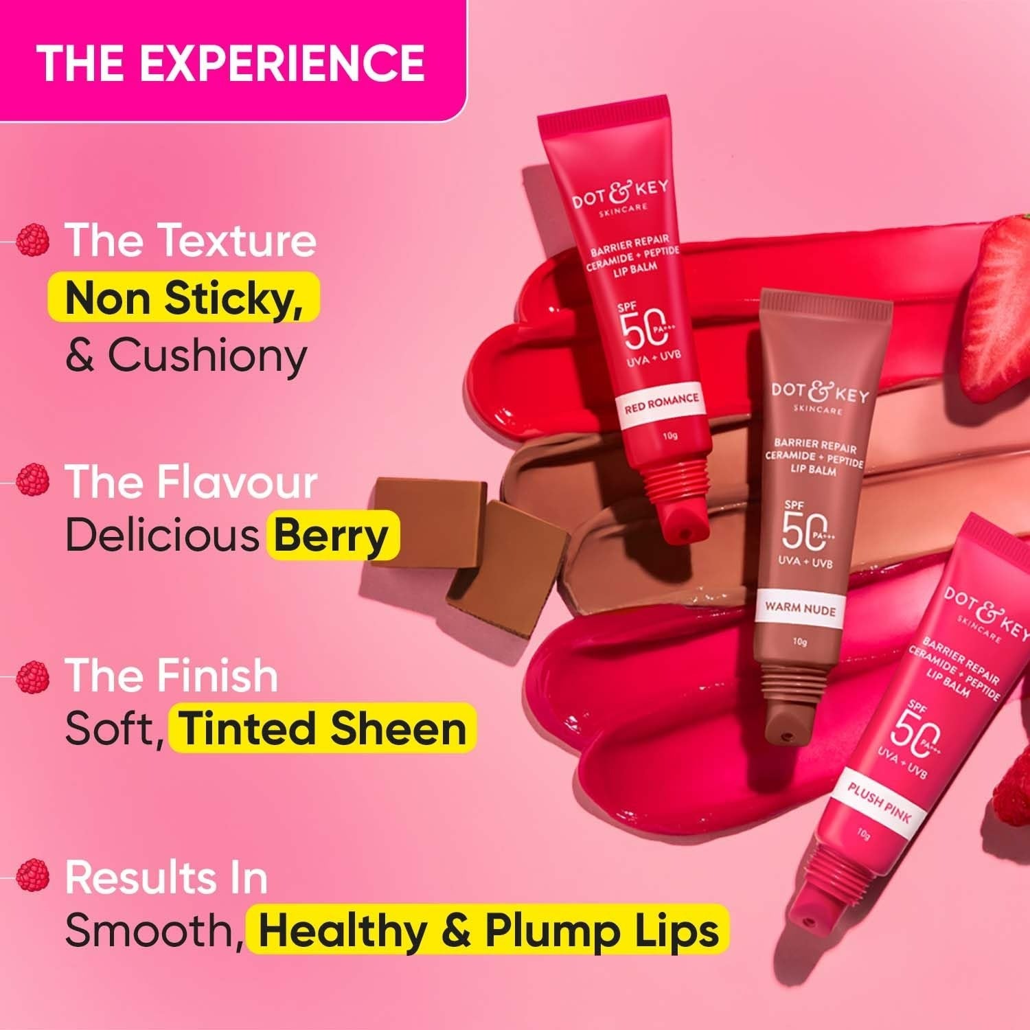 Dot & Key Barrier Repair Ceramide & Peptide SPF 50 Lip Balm - Plush Pink, UVA+UVB - Swadesiicart