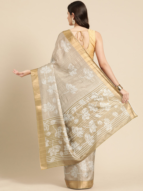 Beige Silk Blend Digital Print Floral Saree with Unstitched Blouse - Hiral Fashion | Swadesiicart