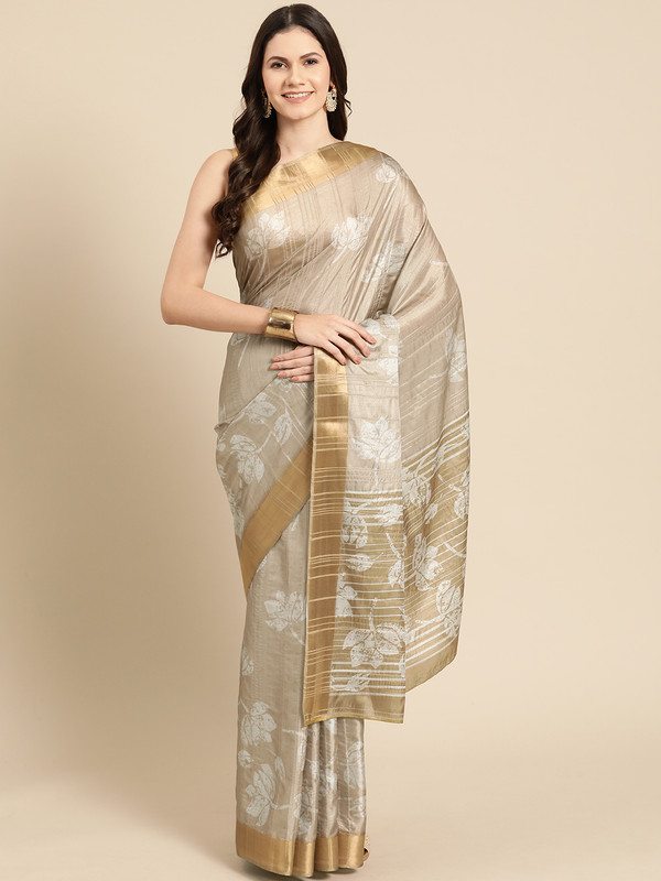 Beige Silk Blend Digital Print Floral Saree with Unstitched Blouse - Hiral Fashion | Swadesiicart