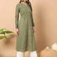 FIORRA Women's Floral Printed Green Cotton A-Line Kurta - Swadesiicart