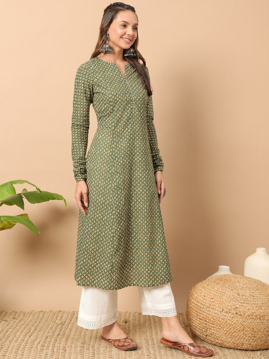 FIORRA Women's Floral Printed Green Cotton A-Line Kurta - Swadesiicart
