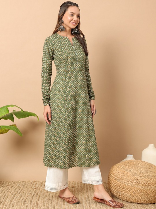 FIORRA Women's Floral Printed Green Cotton A-Line Kurta - Swadesiicart