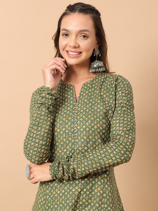 FIORRA Women's Floral Printed Green Cotton A-Line Kurta - Swadesiicart