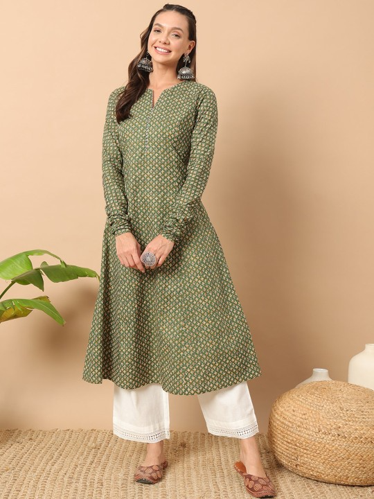 FIORRA Women's Floral Printed Green Cotton A-Line Kurta - Swadesiicart