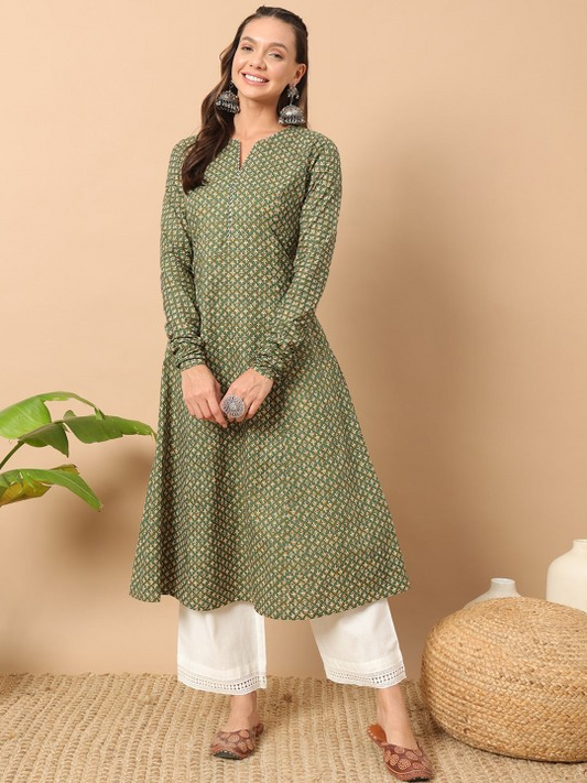 FIORRA Women's Floral Printed Green Cotton A-Line Kurta - Swadesiicart